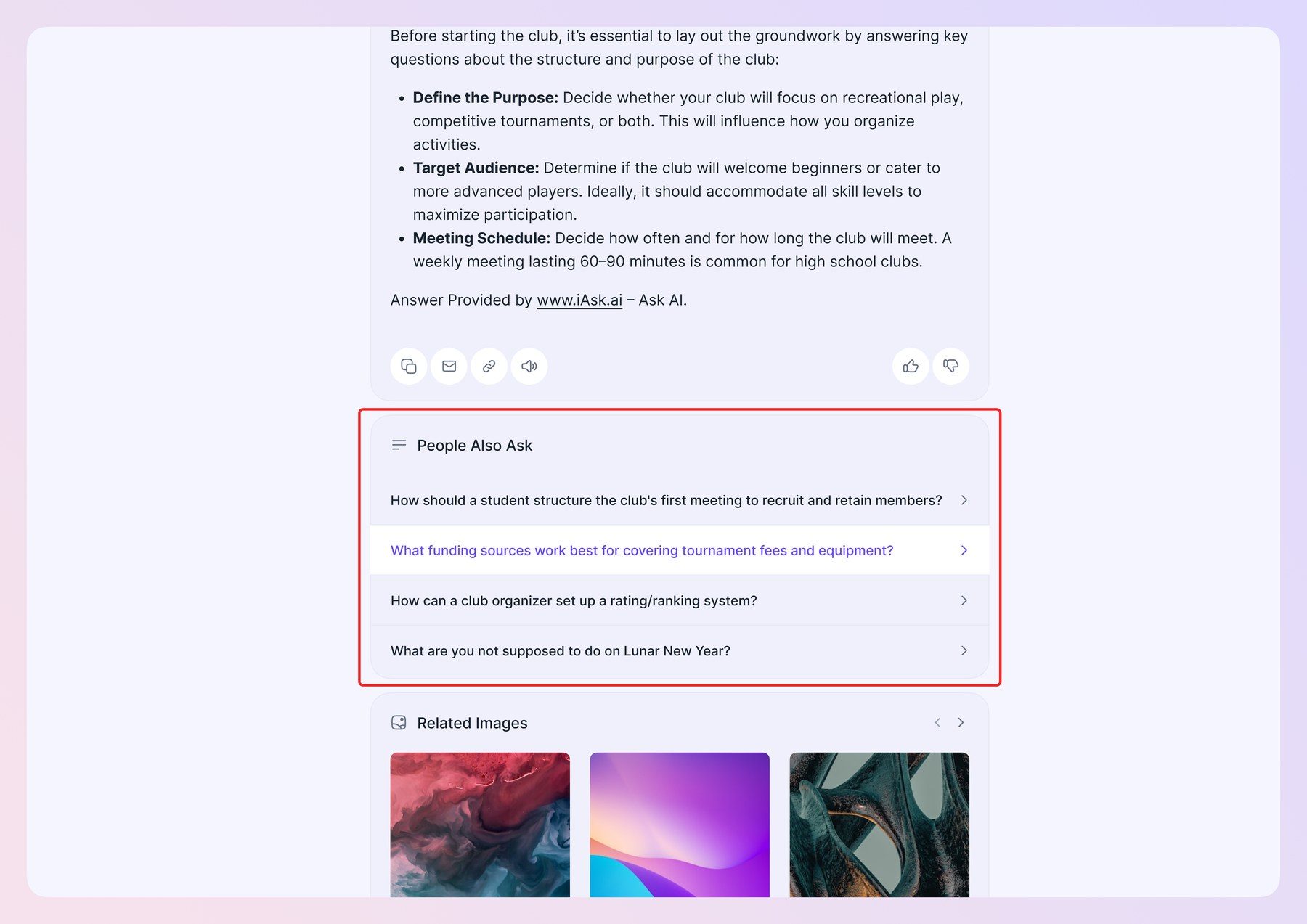 People Also Ask module attached below an answer, listing related questions