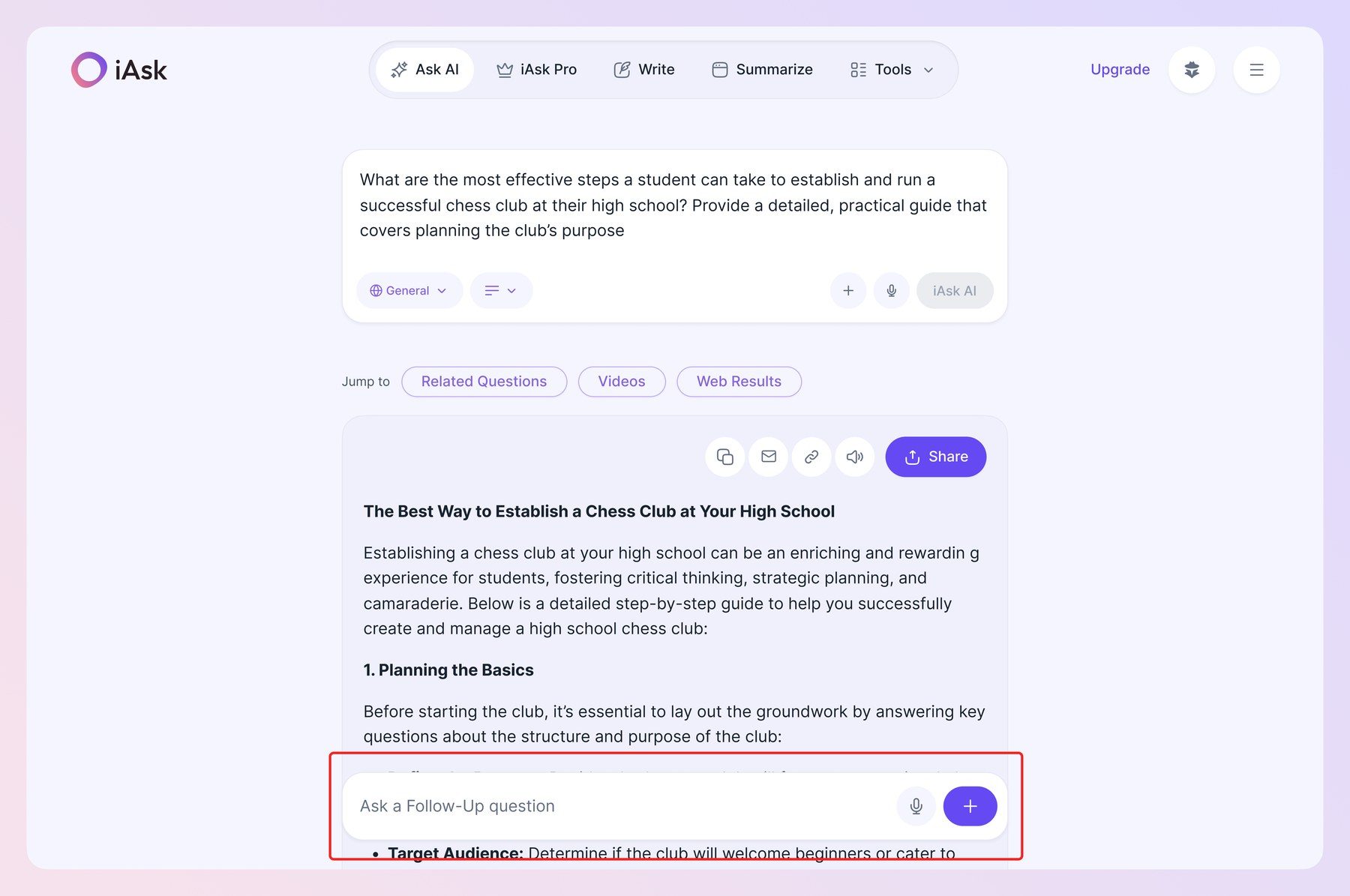 Sticky follow-up input anchored to the bottom of the results page, with the placeholder 