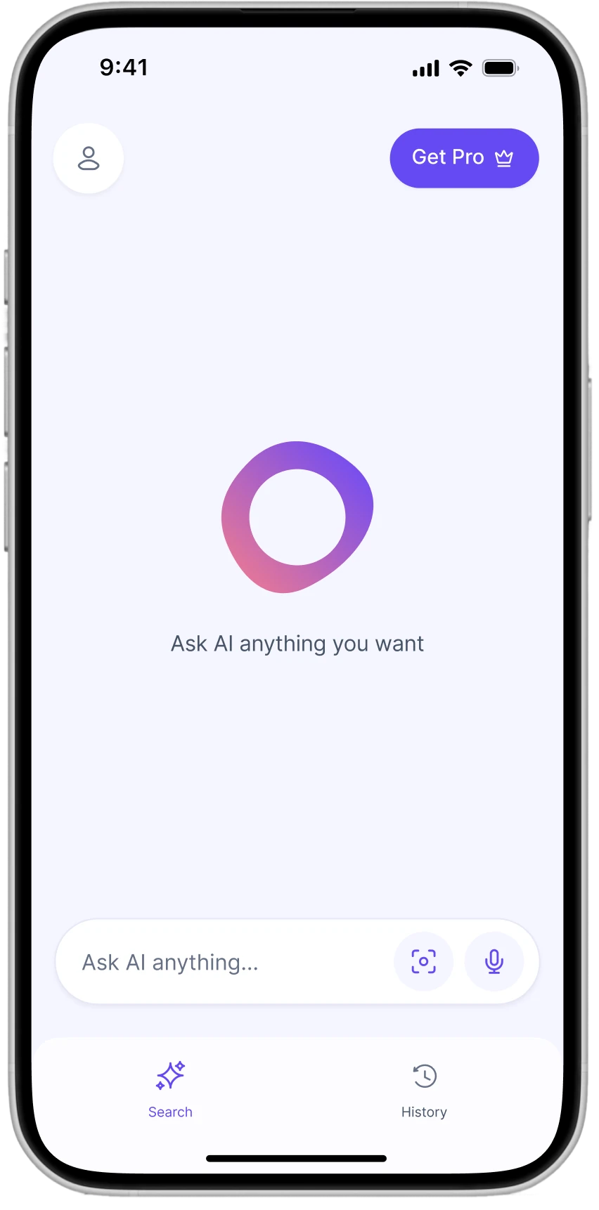 iAsk AI iOS home screen — search entry, Get Pro upsell, and bottom navigation
