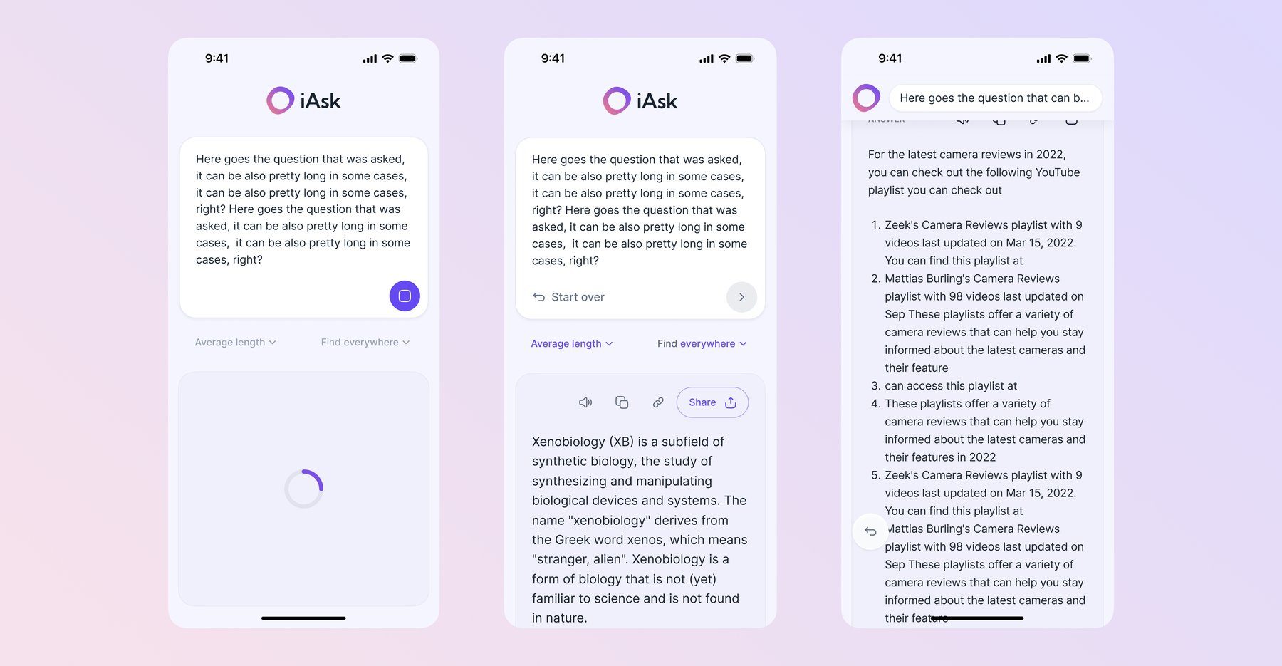V1 answer flow — question submitted, loading state, and the full answer with share and copy options