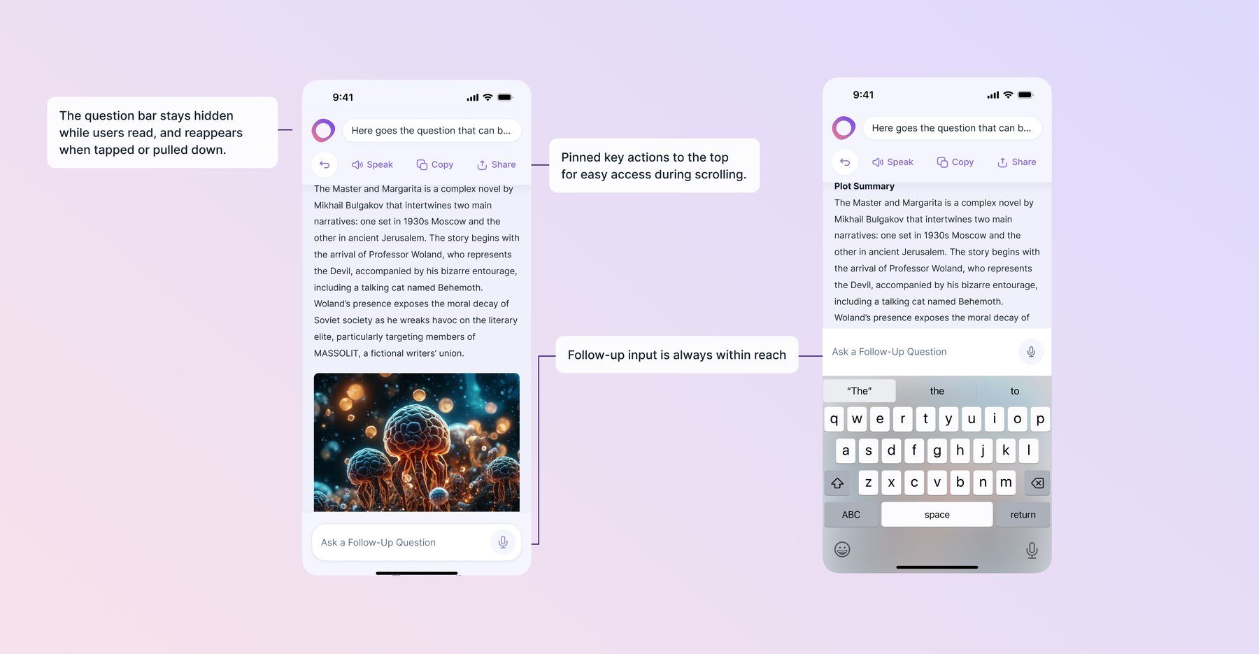 Answer screen V2, annotated — the question bar hides while reading and reappears on tap or pull-down, key actions pinned to the top, and the follow-up input always within reach