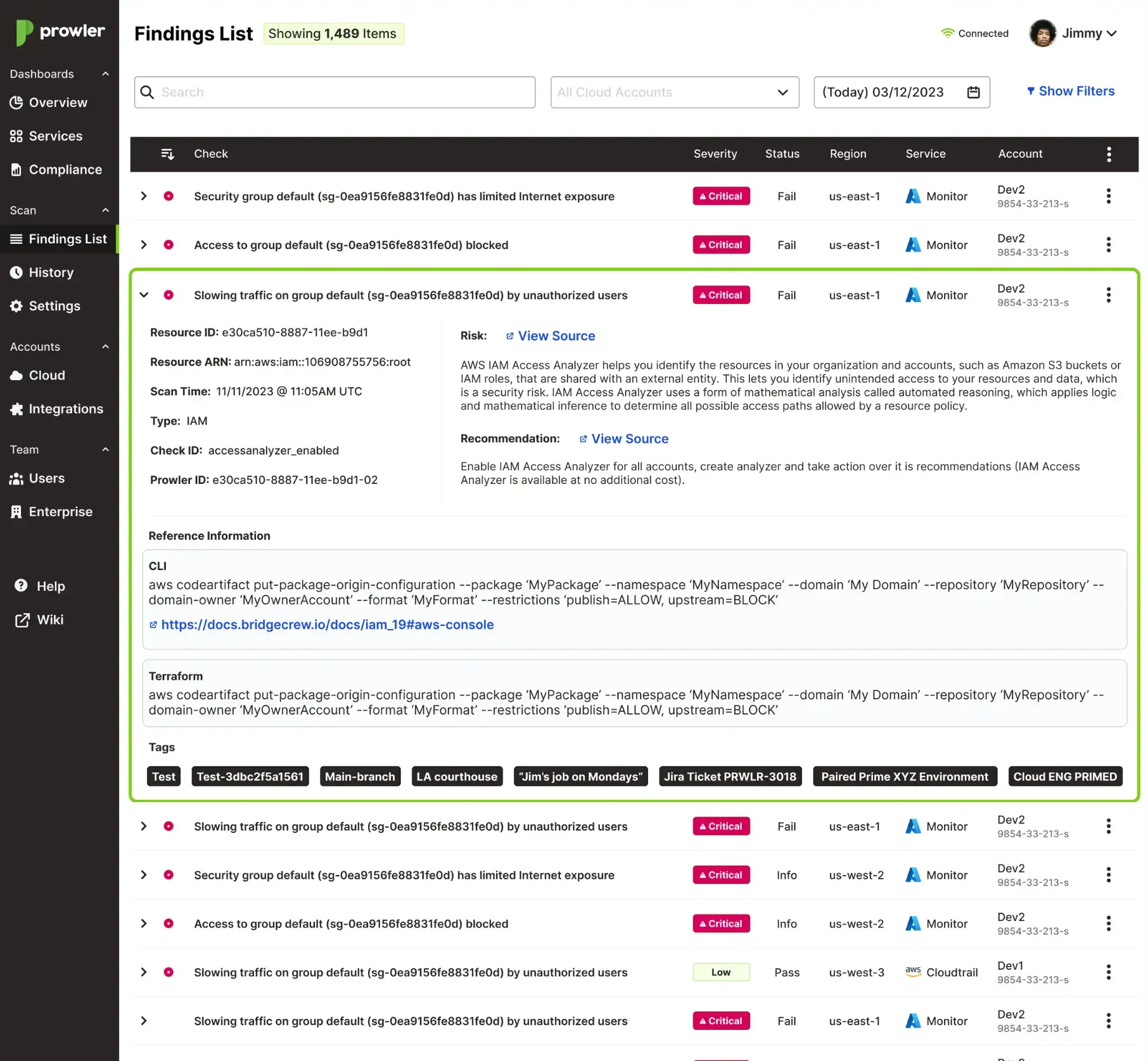 Findings list with one finding expanded: risk, recommendation, reference commands and tags