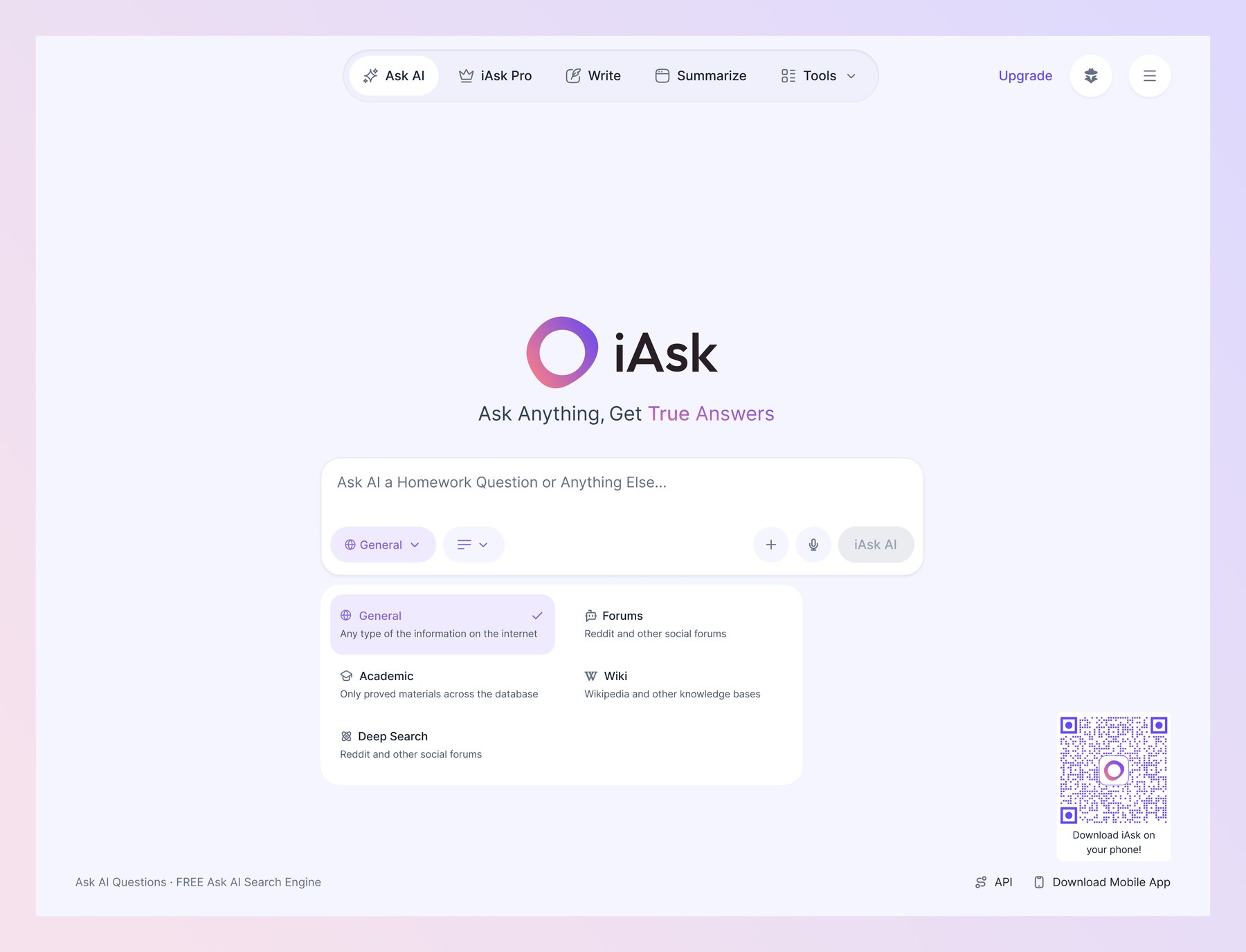 First iteration: widened search bar with a redesigned dropdown trigger, mode selector open showing General, Academic, Forums, Wiki and Deep Search