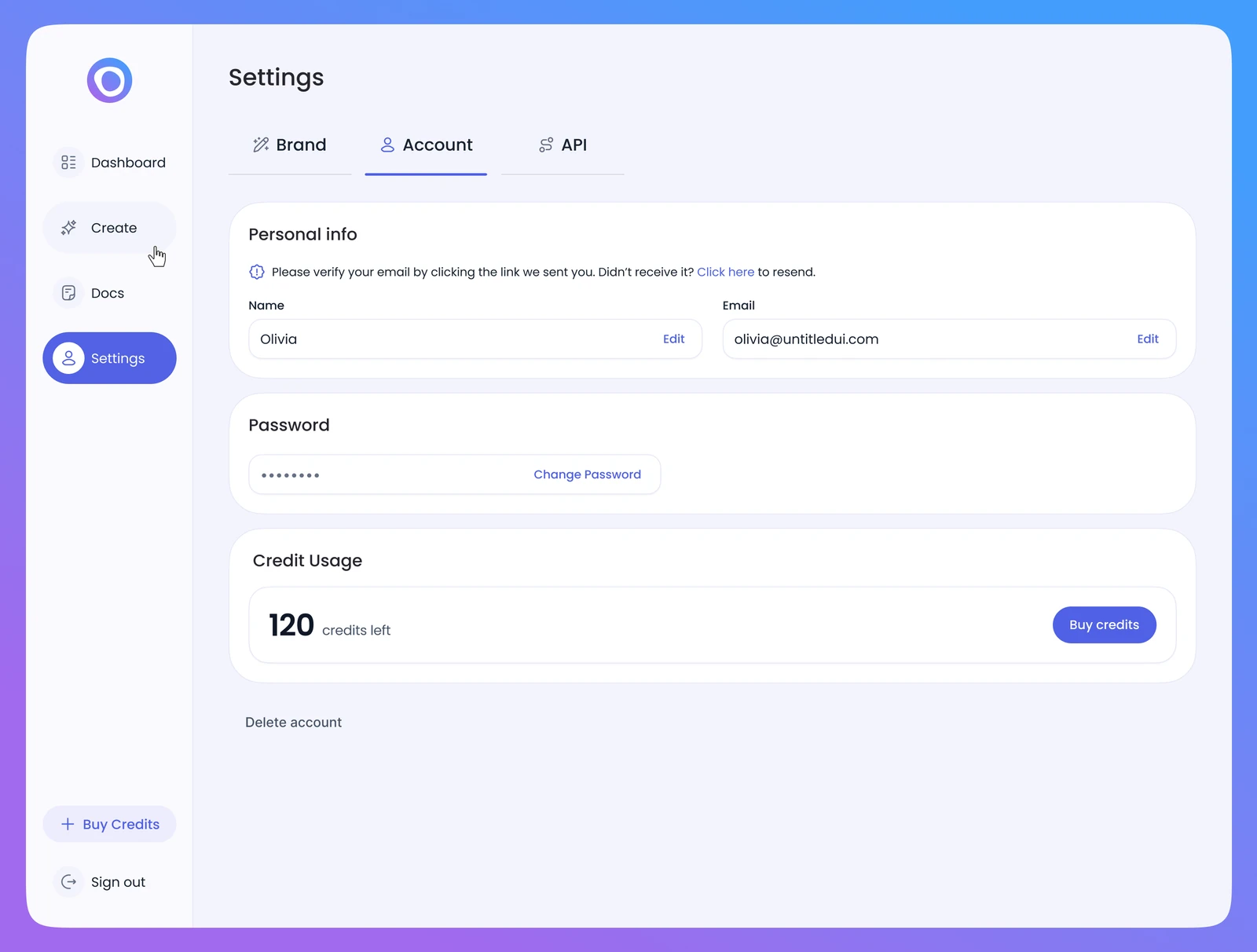 Settings, Account tab: personal info, password and credit usage