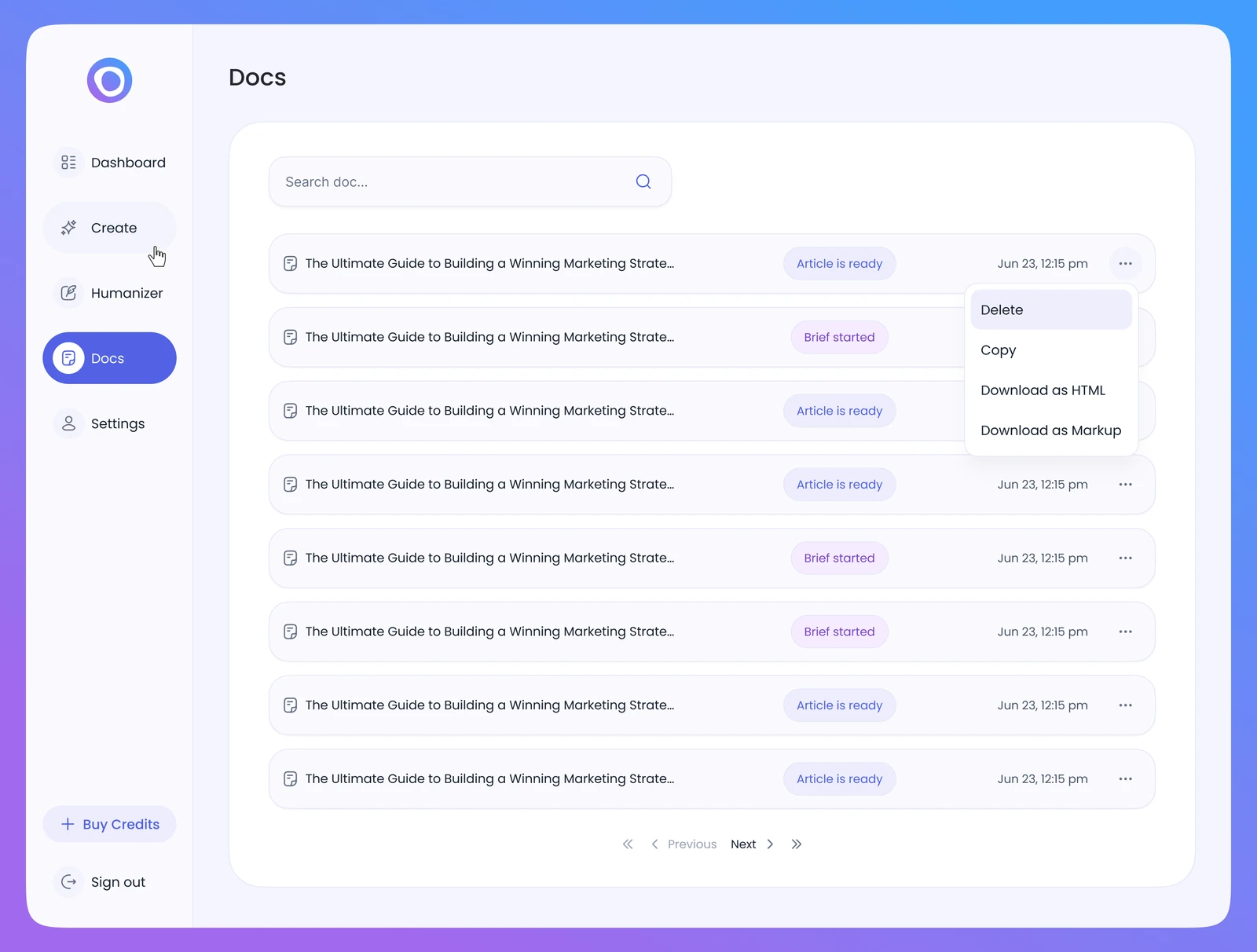 Docs: searchable list of briefs and articles with status and a menu to copy or download