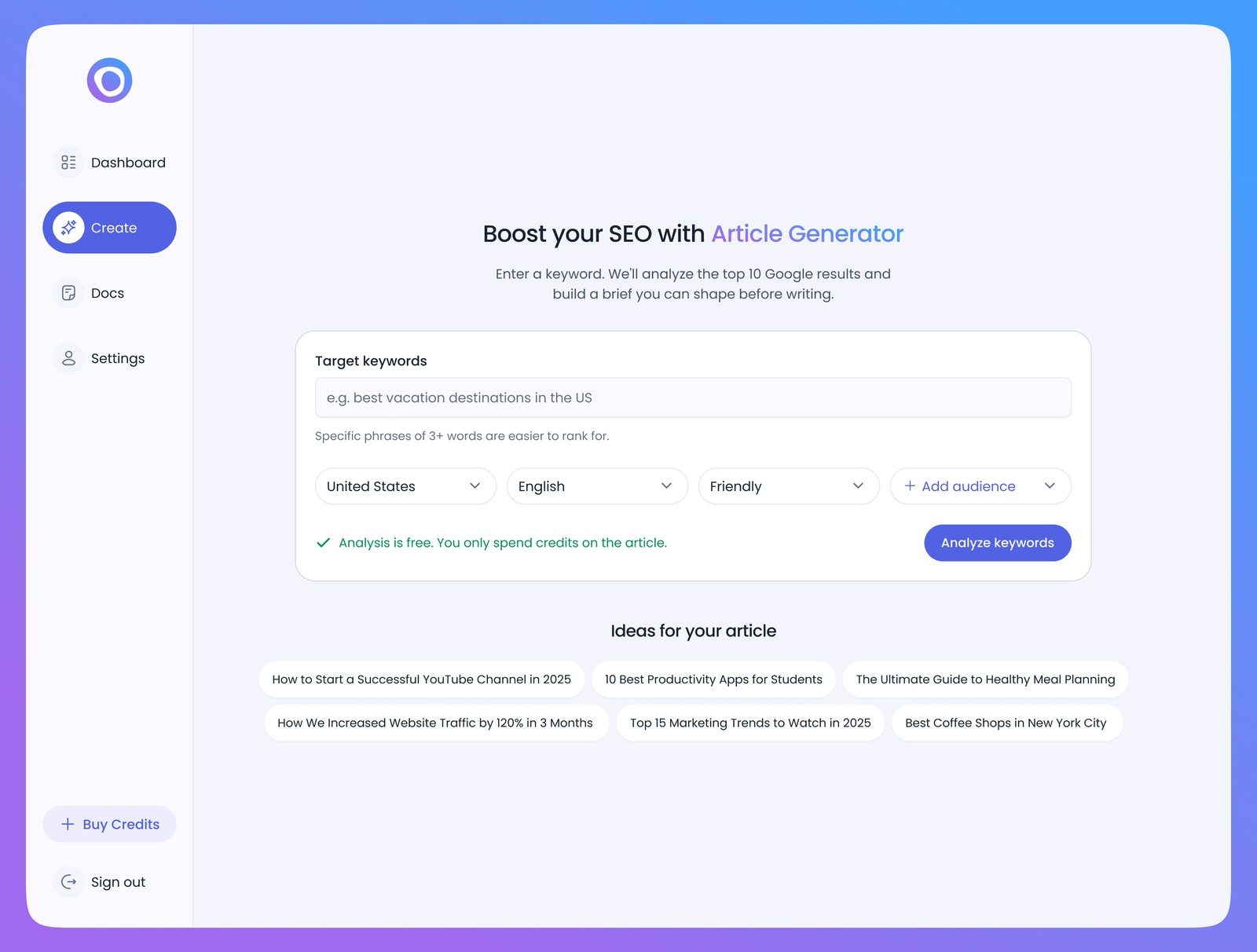 Keyword screen: target keywords field with a hint about 3-word phrases, country, language, tone and audience selectors, an Analyze keywords button and the note that analysis is free