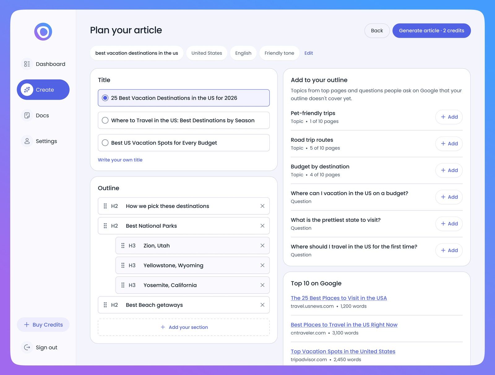 Brief screen titled Plan your article: title options, an editable outline with H2 and H3 sections, topics and questions to add, and the top 10 Google results
