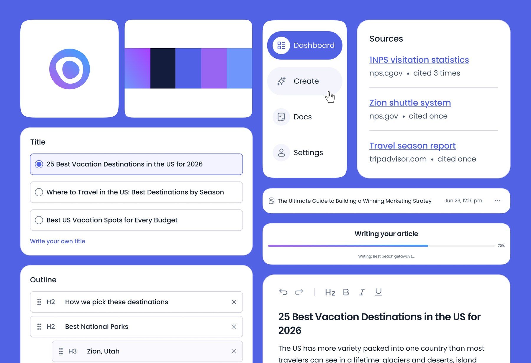 Product interface pieces on the brand blue: logo, color palette, navigation, title options, outline, sources panel, docs row, writing progress and the editor