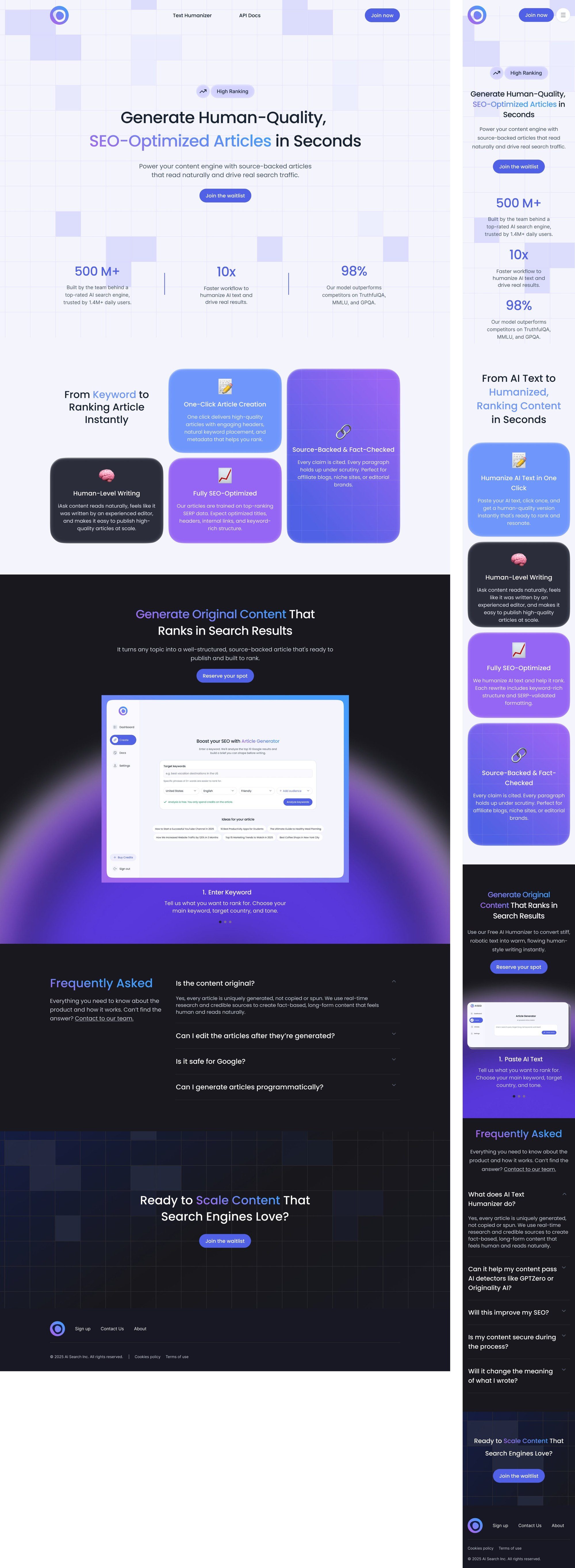 Landing page, desktop and mobile: hero, feature cards, product demo, FAQ and final call to action