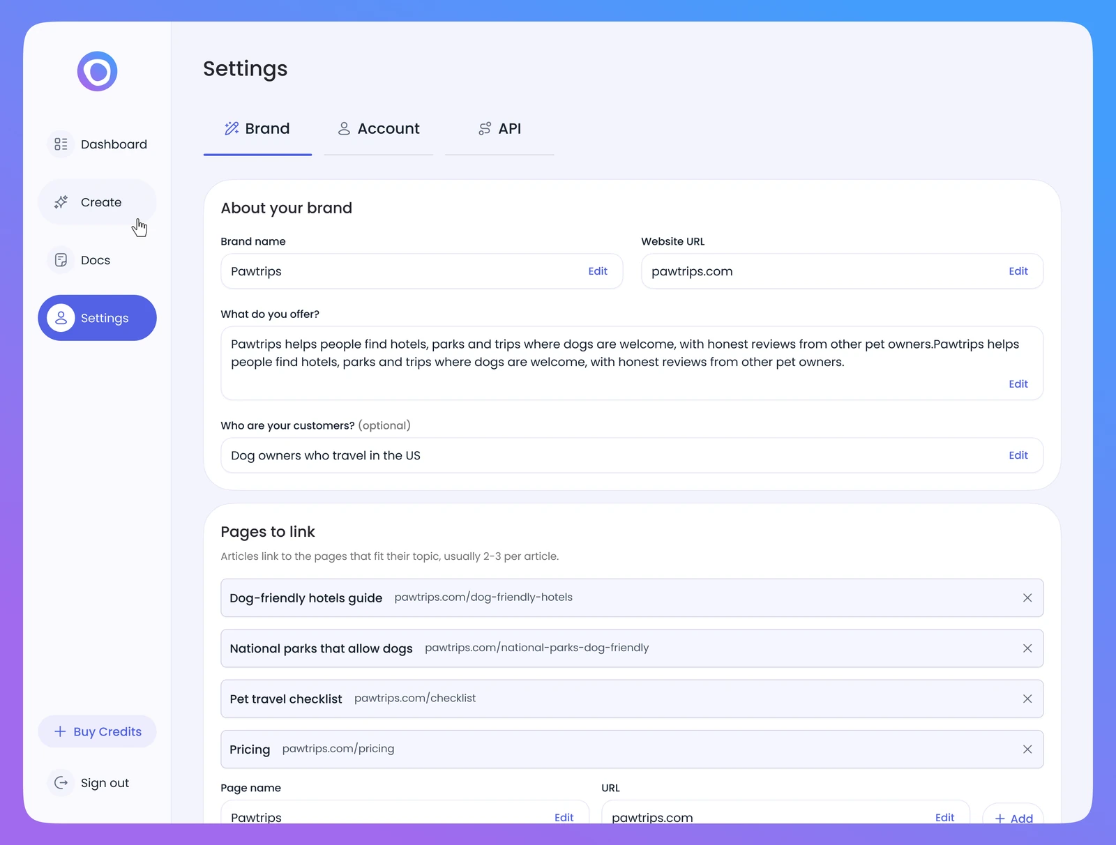 Settings, Brand tab: brand name, what you offer, customers and pages to link